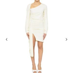 Off-White Asymmetric Ruched Long-Sleeved Mini Dress